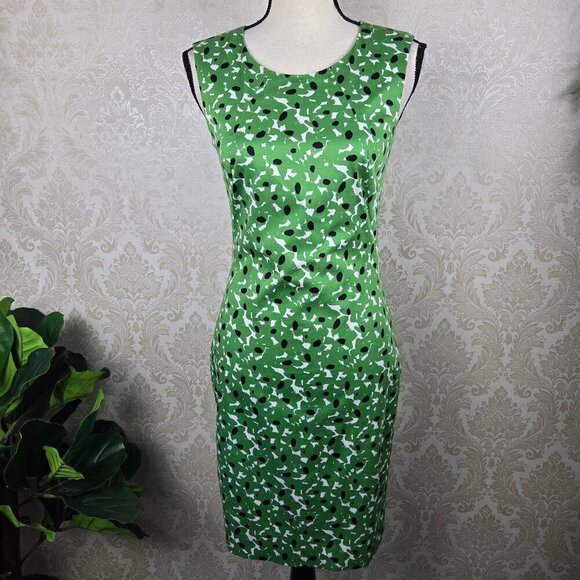 Hugo Boss Size 2 Sleeveless Sheath Dress Green White Black Round Neck Back Zip - Picture 1 of 11